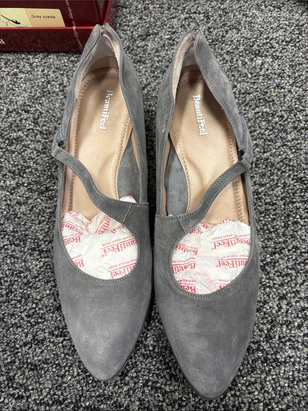 BeautiFeel Gray Suede Pointed-Toe Mary Jane Flats with Strap